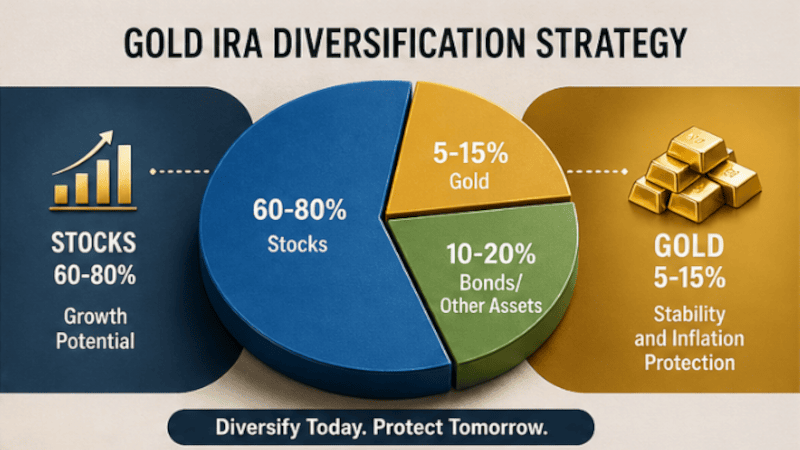 gold IRA diversification strategy showing mix of stocks and gold