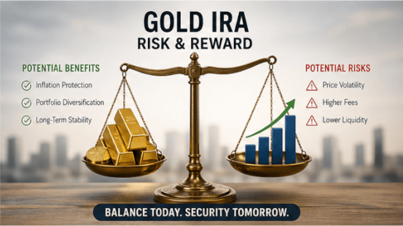 gold IRA risks and rewards concept showing balance between stability and growth