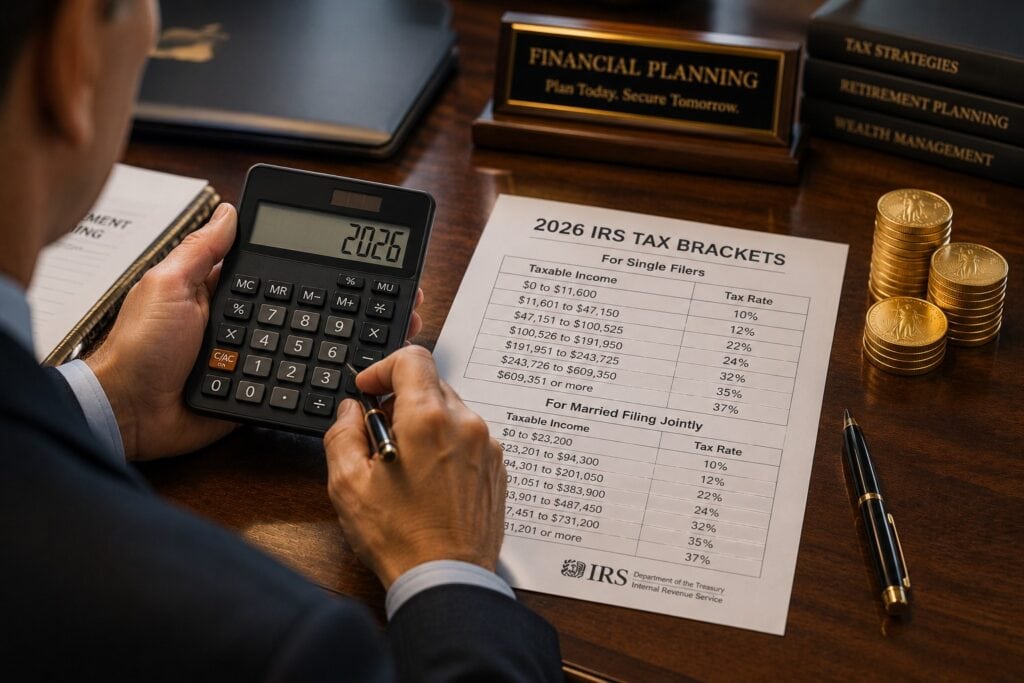 Traditional vs Roth gold ira - Financial planner calculating 2026 IRS contribution limits and MAGI phase outs for precious metals investments