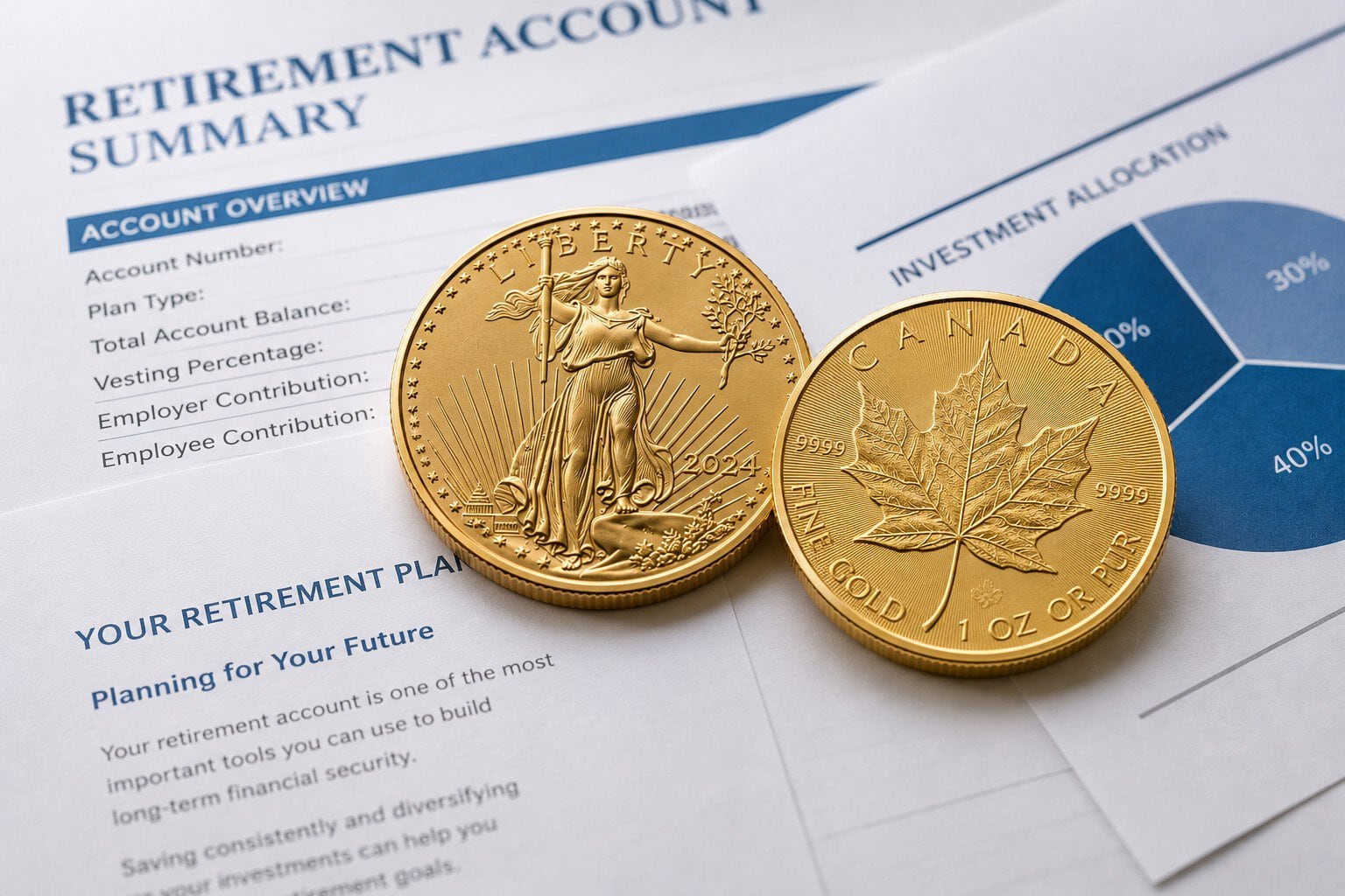IRS-approved American Gold Eagle and Canadian Maple Leaf bullion coins resting on retirement account documents