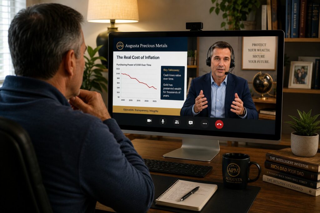 An investor participating in an Augusta Precious Metals review during a 1-on-1 educational web conference