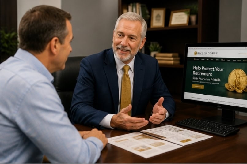 financial advisor discussing gold IRA investment with client