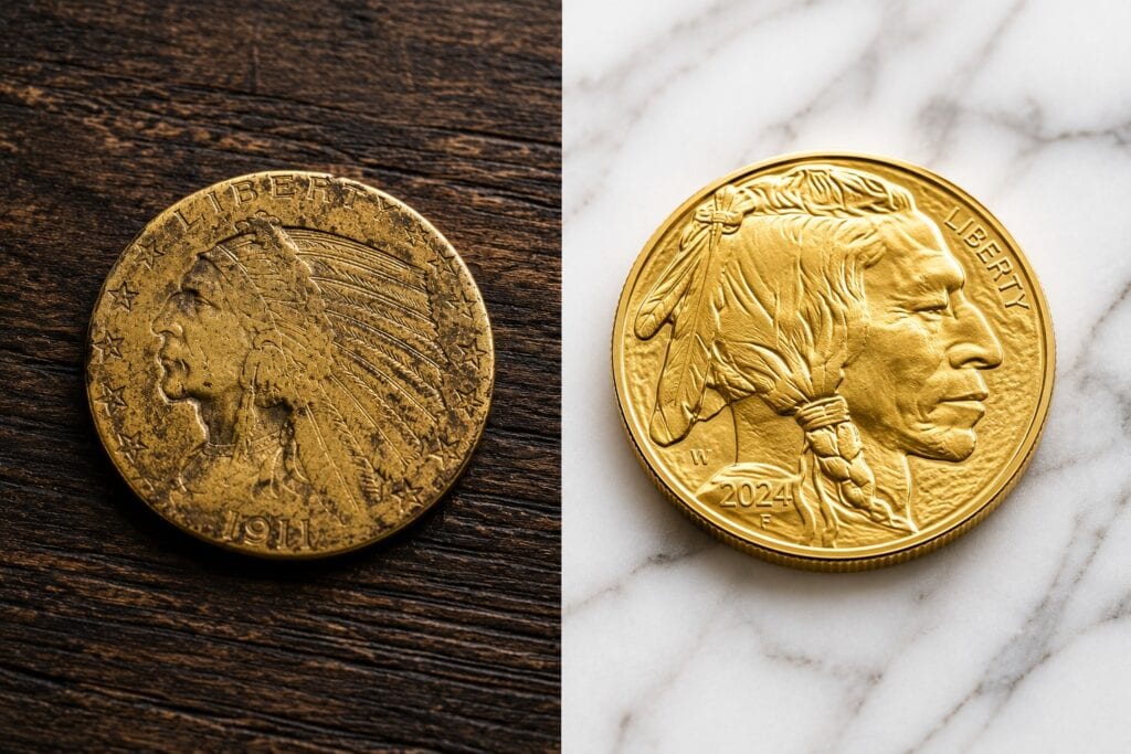 Visual comparison showing an unapproved collectible historical gold coin next to an IRS-approved American Gold Buffalo bullion coin