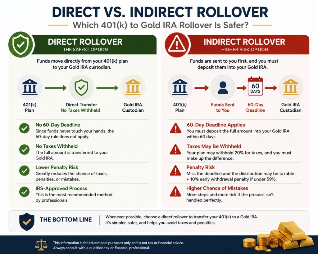 Direct vs indirect Gold IRA rollover comparison infographic