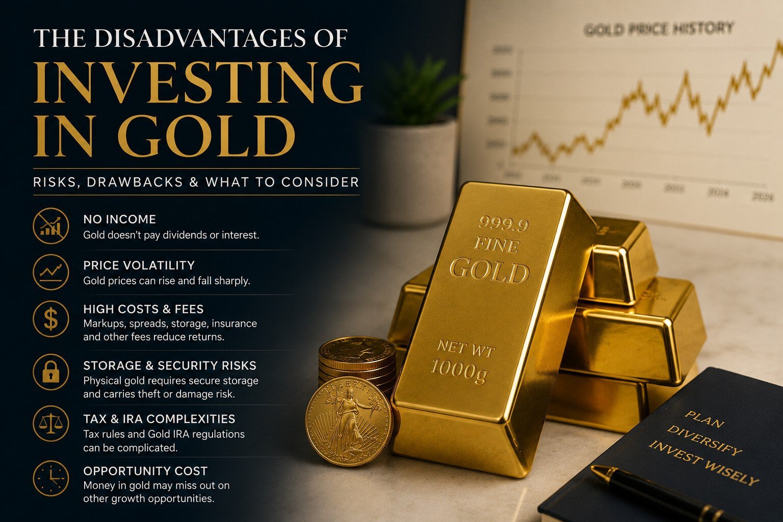 Disadvantages of investing in gold including volatility, storage costs, liquidity concerns, and Gold IRA complexit