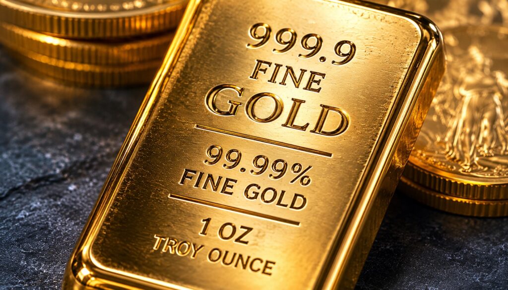 gold IRA eligible metals - Close-up macro shot of a gold bullion bar showing the 99.99 percent fine gold purity stamp required by the IRS