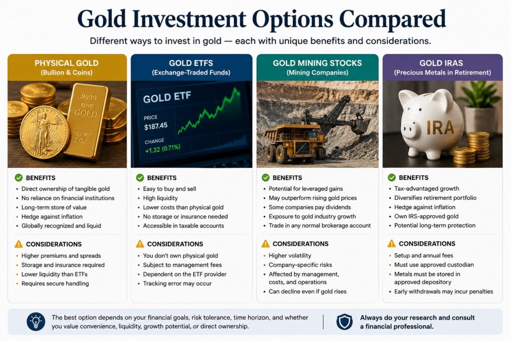 Comparison of physical gold gold ETFs mining stocks and Gold IRAs