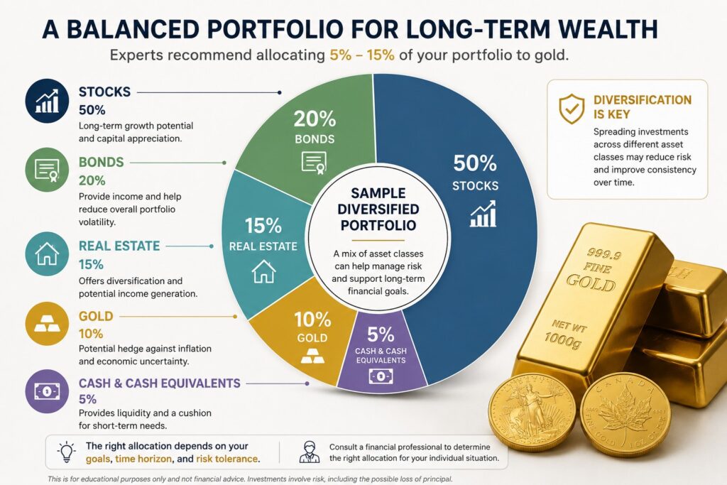 Diversified investment portfolio with stocks, bonds, real estate, and gold for long-term wealth.