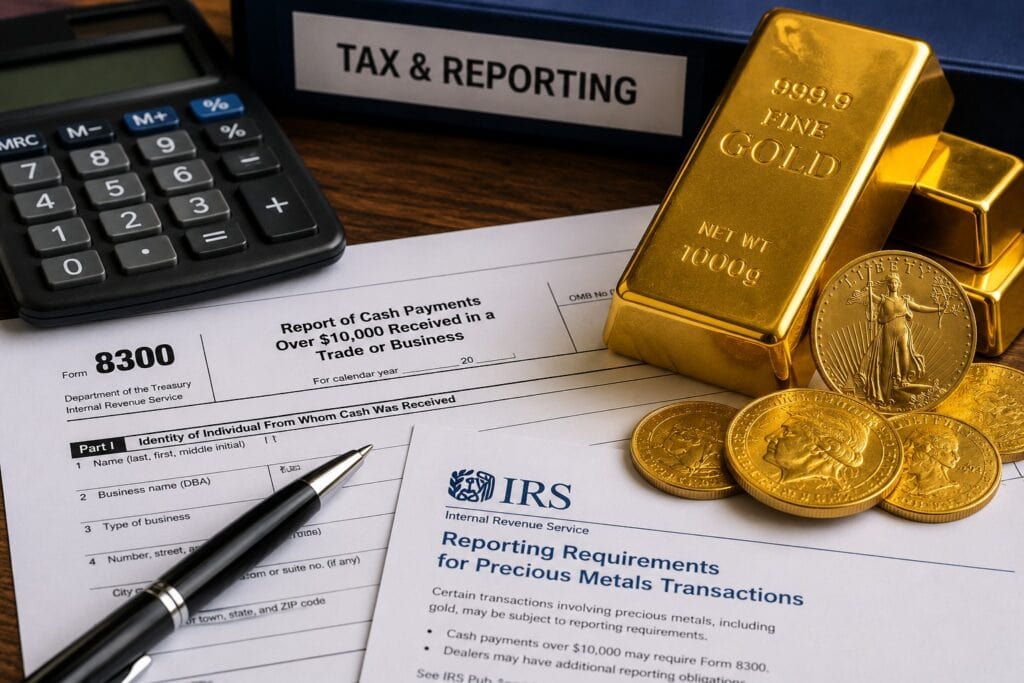 Investor reviewing gold purchase reporting and tax documents