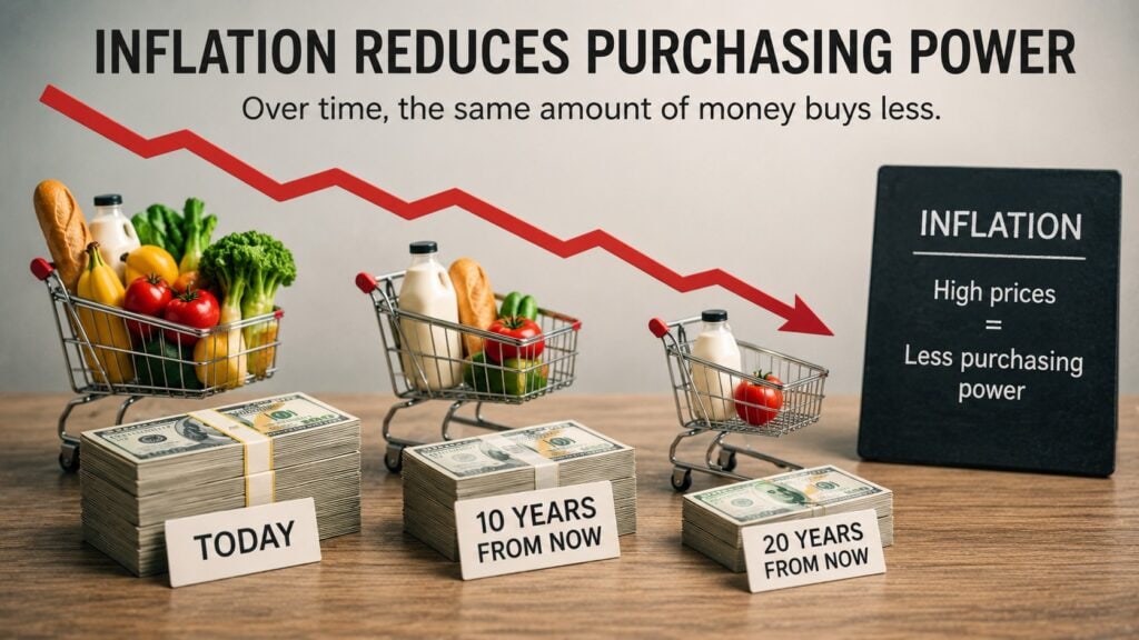 Illustration of inflation reducing purchasing power with shopping carts and cash stacks.