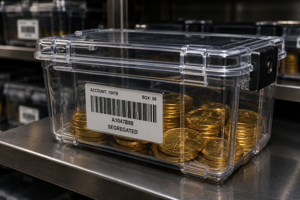 irs-approved depositories - Segregated storage bin containing specific Gold IRA coins assigned to a single investor