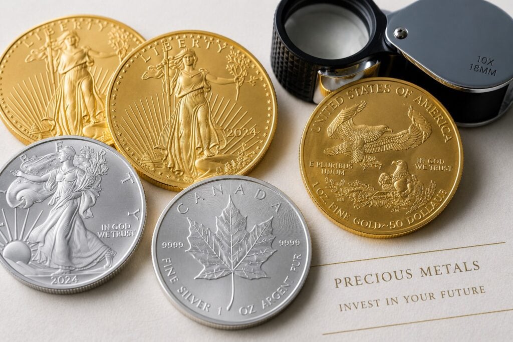 a collection of pristine, IRS-approved gold and silver bullion coins, highlighting their purity and legal status