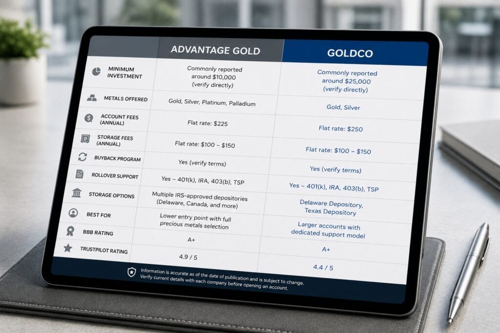 Advantage Gold vs Goldco comparison of minimum investments, fees, and precious metals storage
