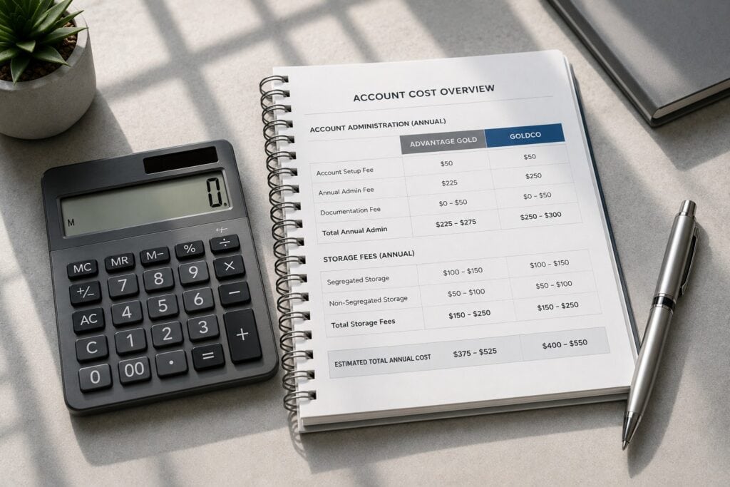 Comparison of self-directed gold IRA flat annual administration costs and secure vault storage fees