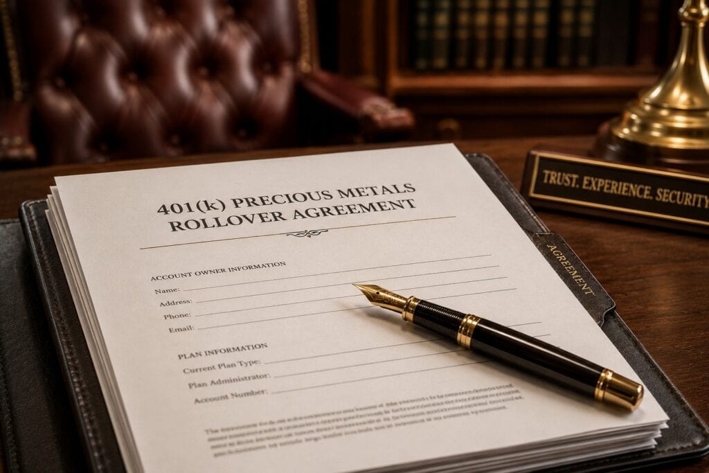 An investor reviewing 401k to gold ira rollover documents during an American Bullion consultation
