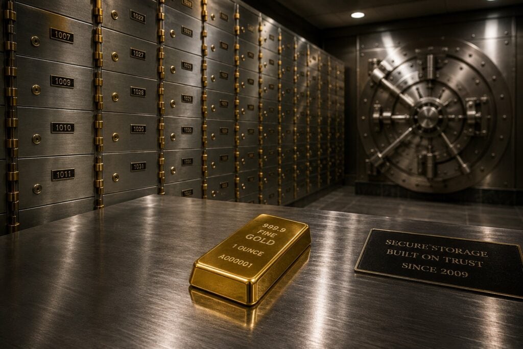 IRS approved physical gold bullion stored inside a highly secure traditional bank vault