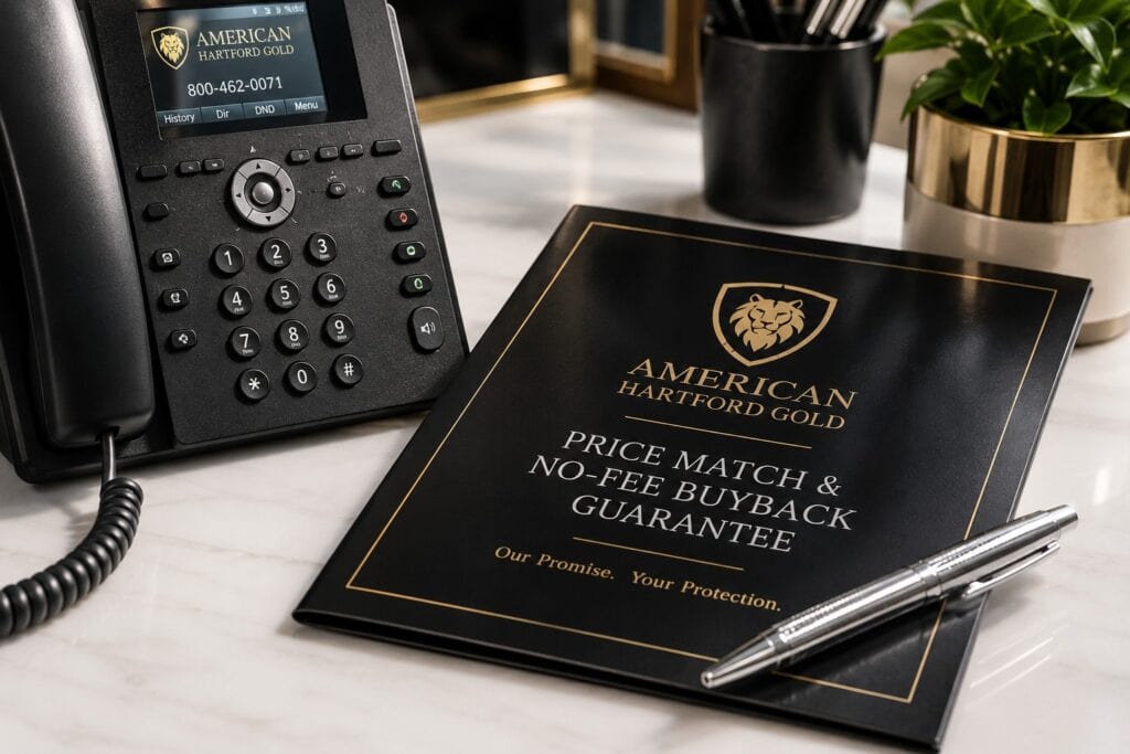 A close-up of a high-end customer service phone next to an American Hartford Gold price match and buyback guarantee document