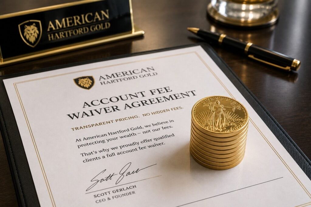 Pristine gold bullion coins resting on a financial fee waiver agreement representing competitive pricing during an American Hartford Gold Review