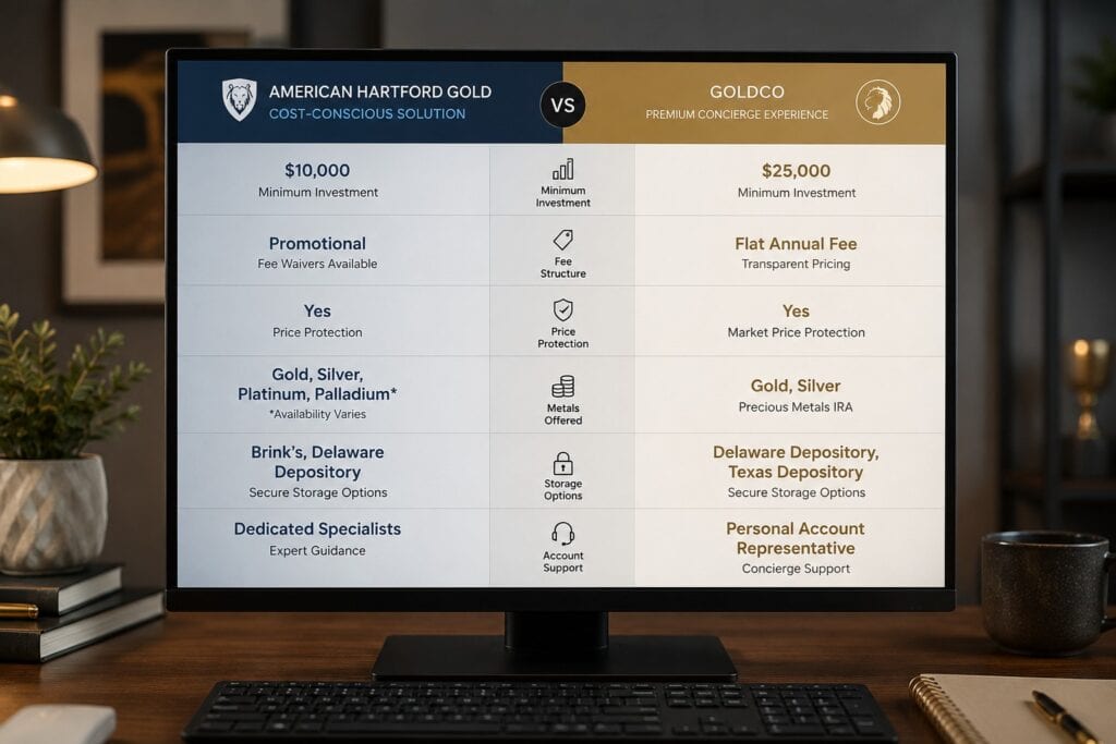 American Hartford Gold vs Goldco comparison of minimum investments, fees, and account parameters