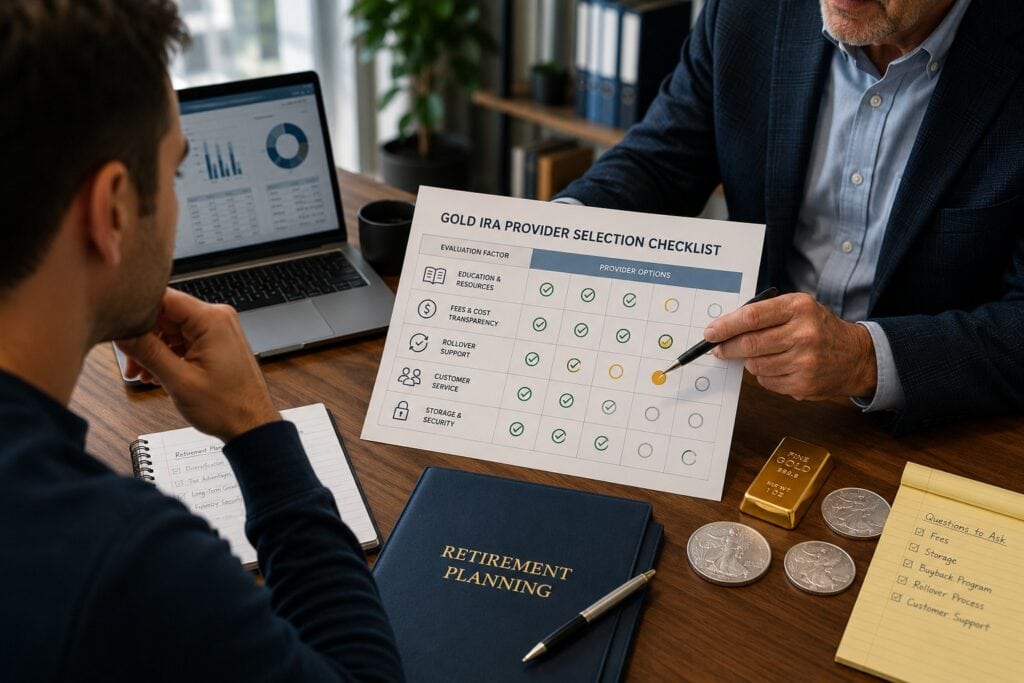 Beginner investor comparing Gold IRA providers by fees education and support