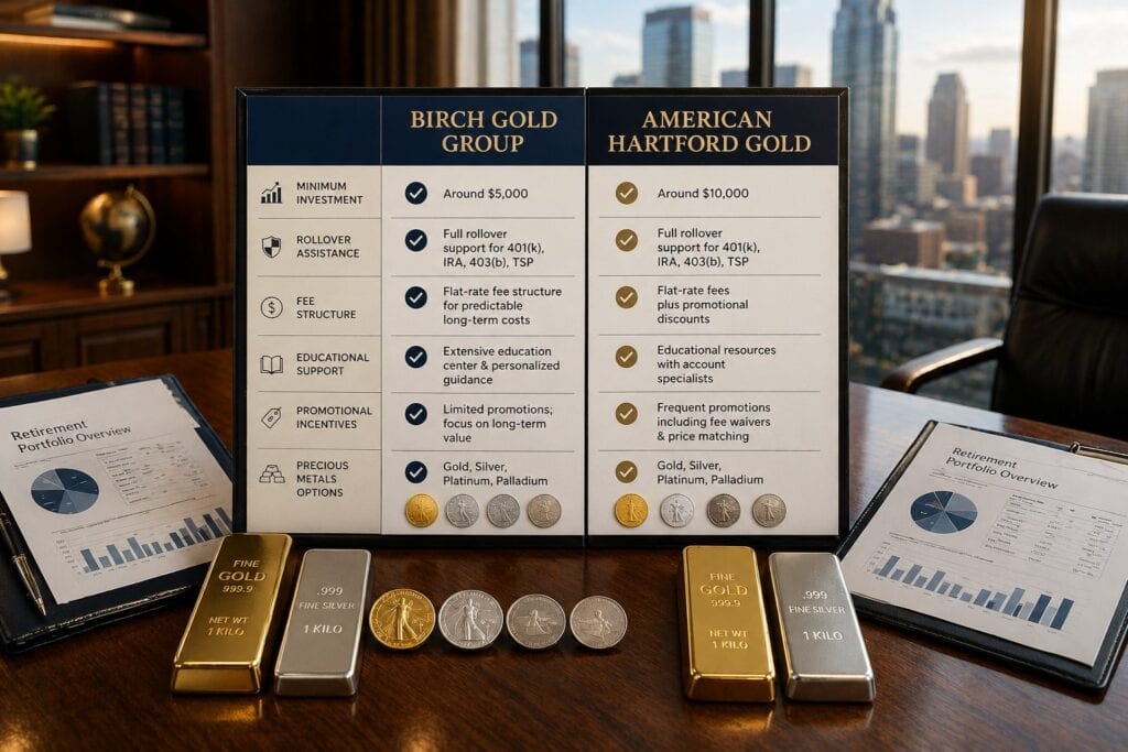 Birch Gold vs American Hartford Gold comparison of fees rollover support and precious metals options
