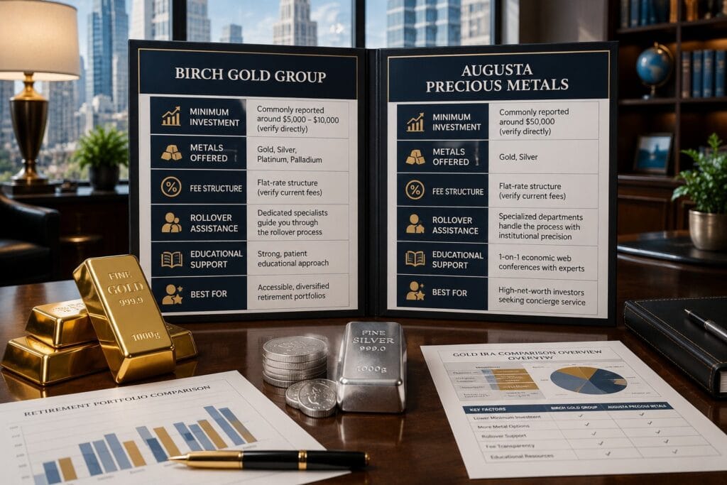 Birch Gold vs Augusta Precious Metals comparison of minimum investments, fees, rollover support, and precious metals selection