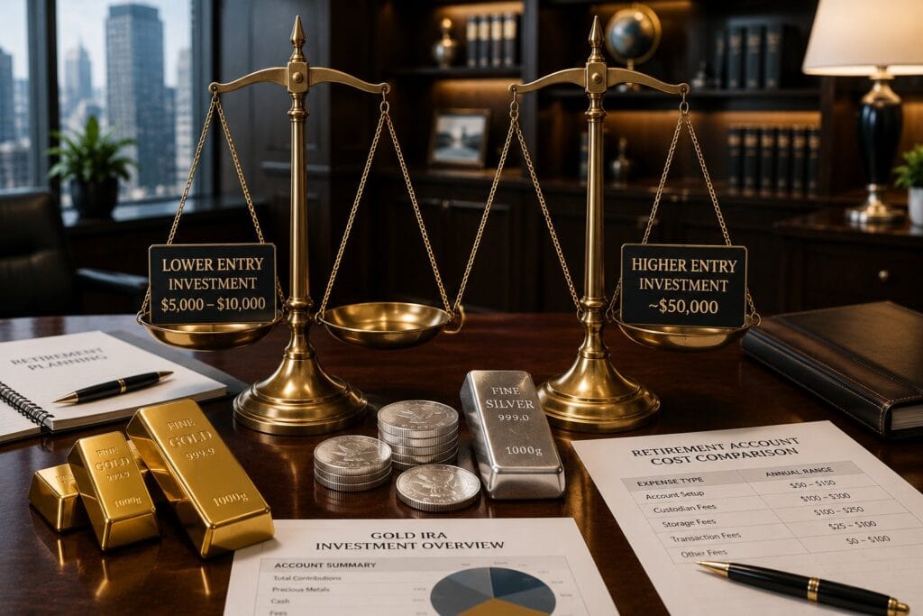 Comparison of Gold IRA minimum investment requirements and annual account fees