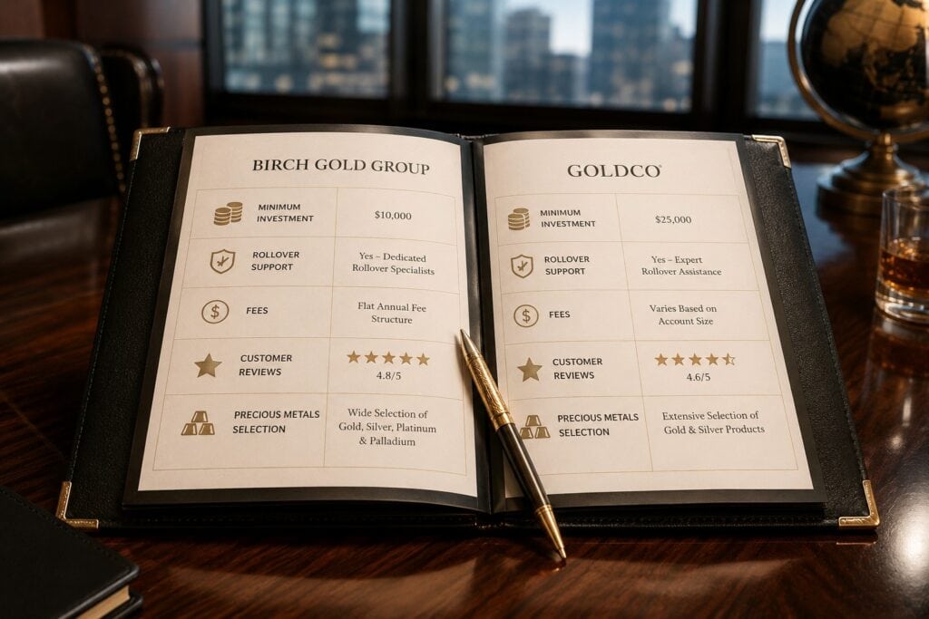 Birch Gold vs Goldco comparison of fees minimum investments rollover support and precious metals