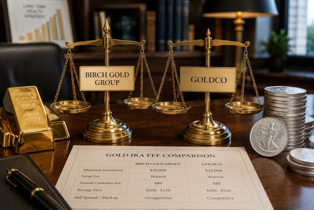 Fees comparison showing Gold IRA minimum investments, annual fees, and rollover costs