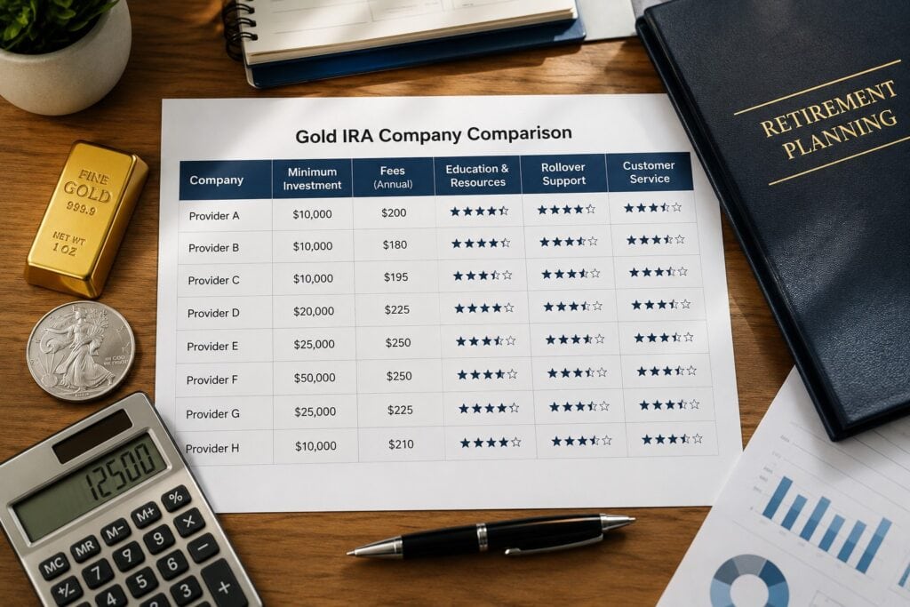 Best Gold IRA Companies for Beginners comparison worksheet showing fees, minimum investments, education, and rollover support