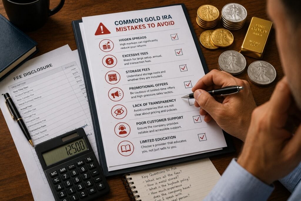 Beginner reviewing common Gold IRA fees and promotion mistakes
