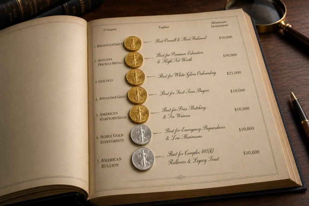 visualizing the comparison of best gold ira companies on minimum investment and metal selection
