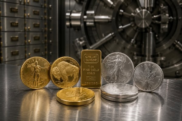 Pristine IRS approved gold and silver coins resting securely inside a high-security depository vault