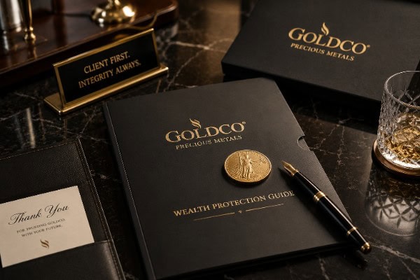A high-end Goldco review welcome kit resting on a dark marble desk representing white-glove customer service