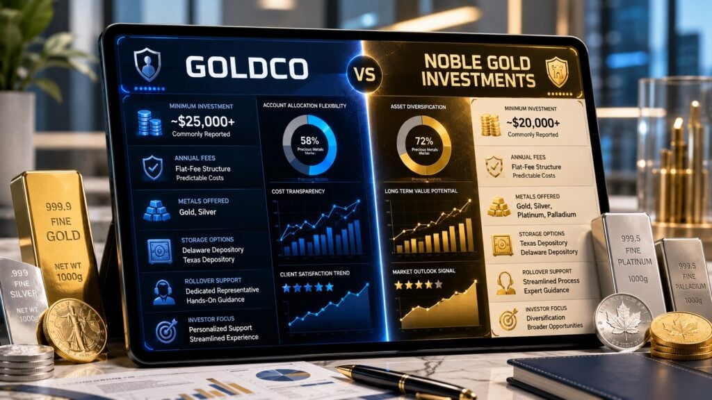 Goldco vs Noble Gold Investments comparison of Gold IRA features, account minimums, fees, and rollover support