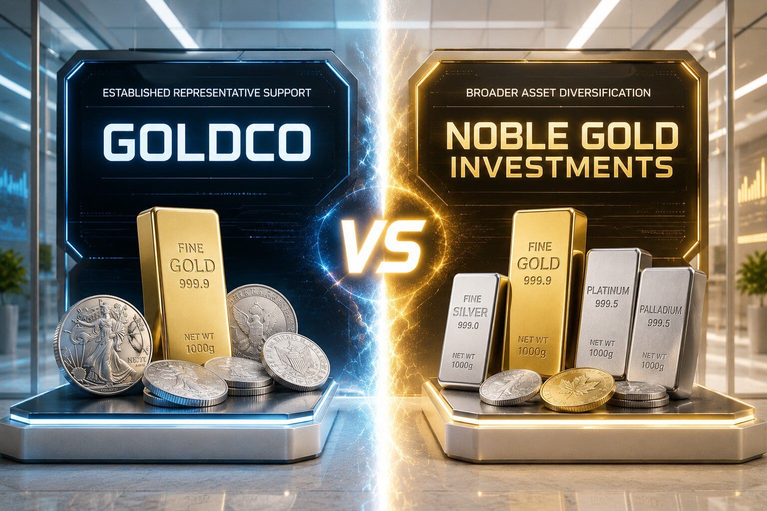 Goldco vs Noble Gold Investments comparison for Gold IRA investors evaluating account minimums, rollover support, and precious metals options