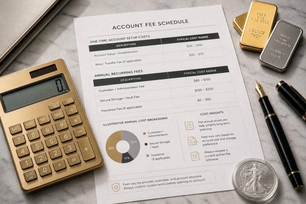 Comparison of precious metals retirement account custodial setup costs and annual vault fees