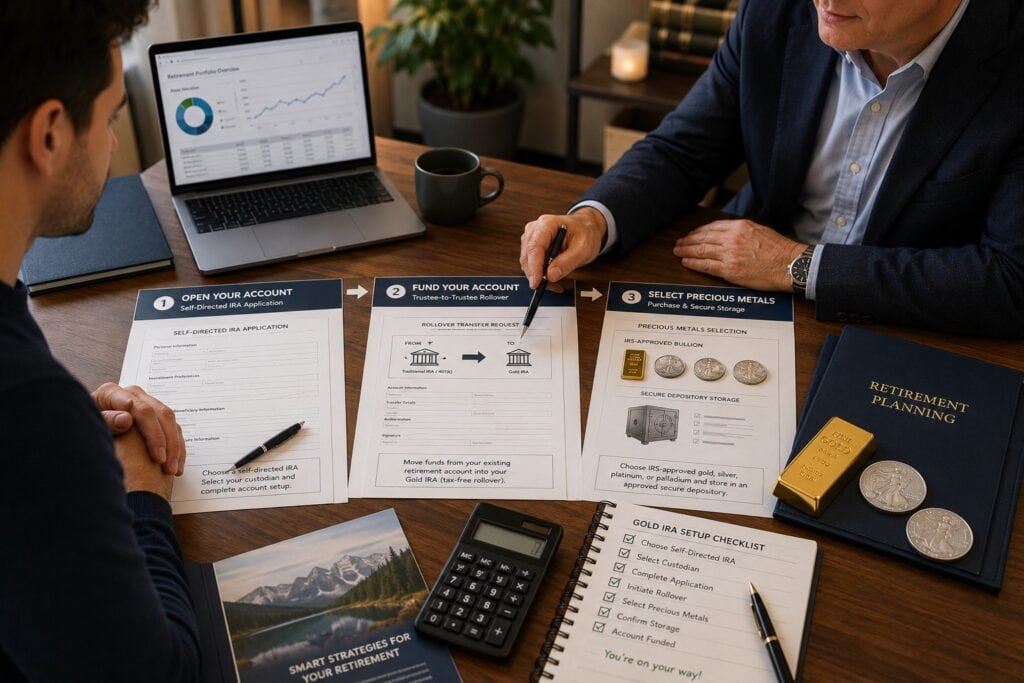Beginner investor completing the steps to open and fund a Gold IRA account