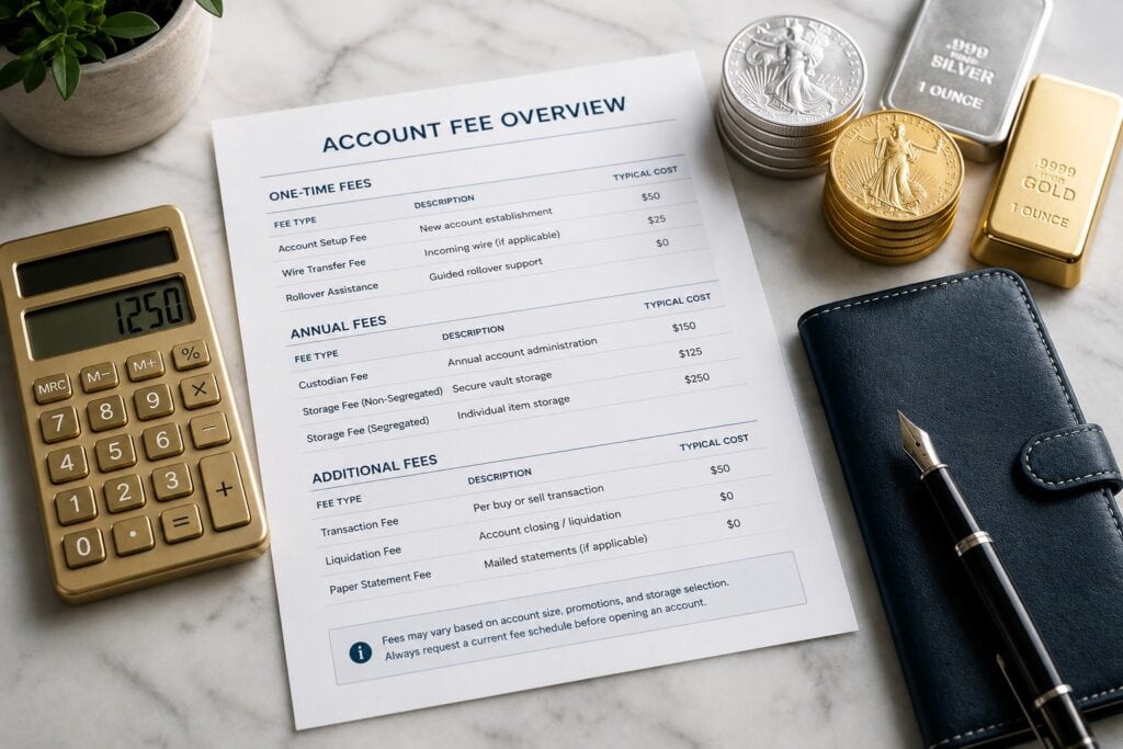 Comparison of physical precious metals retirement account setup and annual vault fees