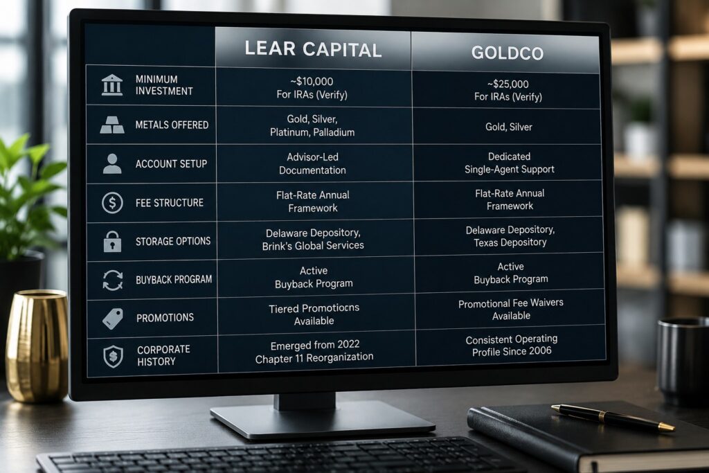Lear Capital vs Goldco comparison of minimum investments, fees, and precious metals storage options