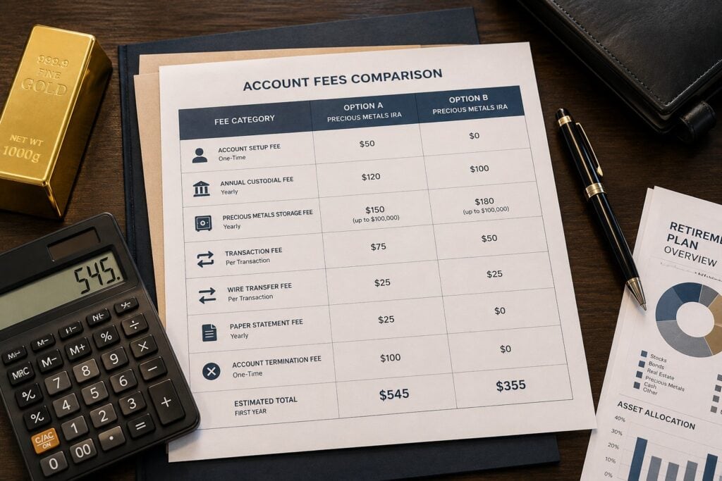 Comparison of Gold IRA setup fees, annual storage costs, and custodial expenses