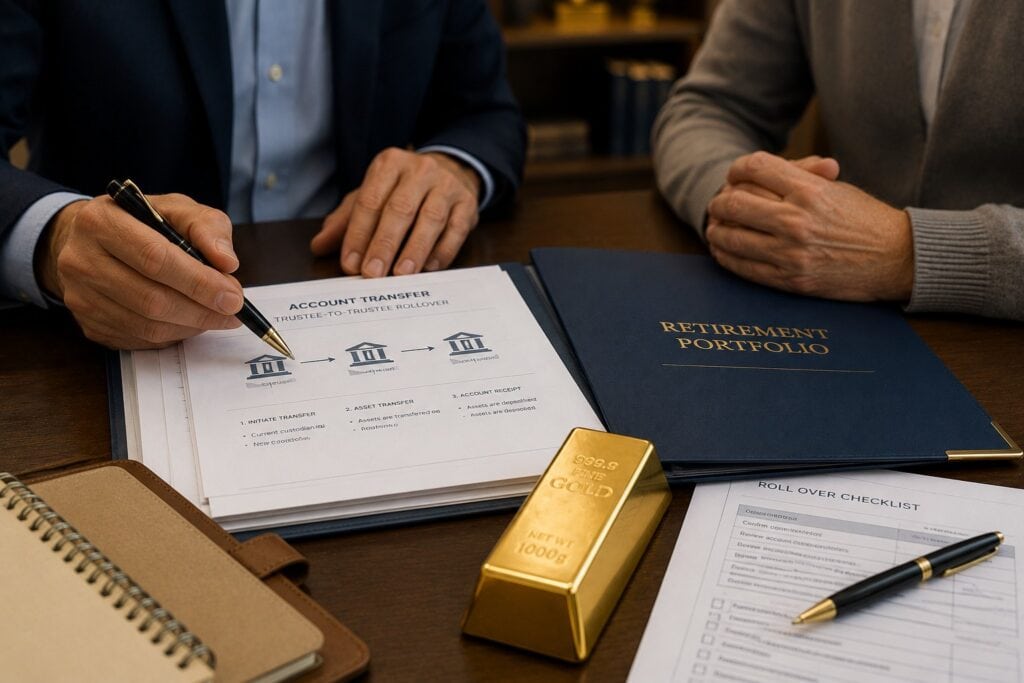 Gold IRA rollover consultation showing retirement account transfer paperwork and precious metals investment planning