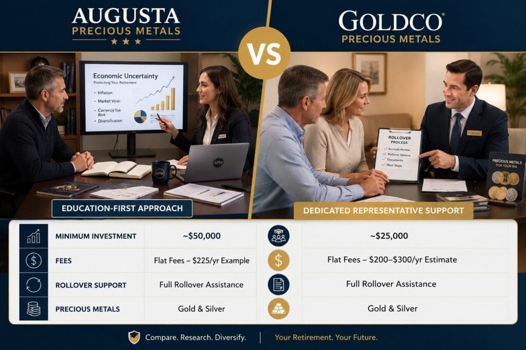 Augusta Precious Metals vs Goldco comparison showing minimum investments, annual fees, rollover support, education, and gold and silver offerings
