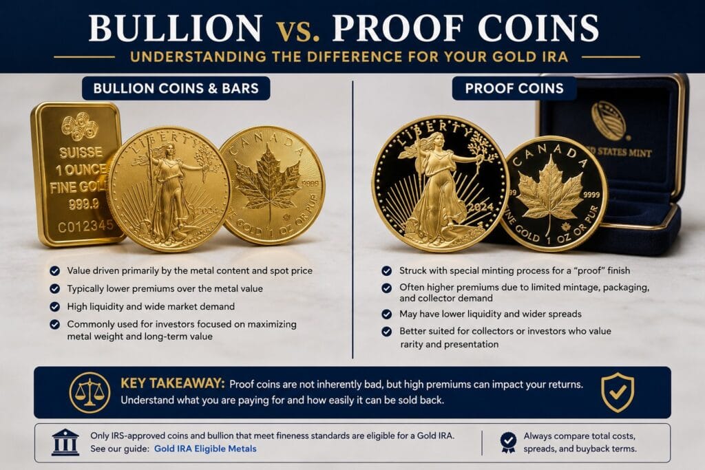 Comparison of bullion coins and proof coins showing differences in premiums, liquidity, and resale considerations