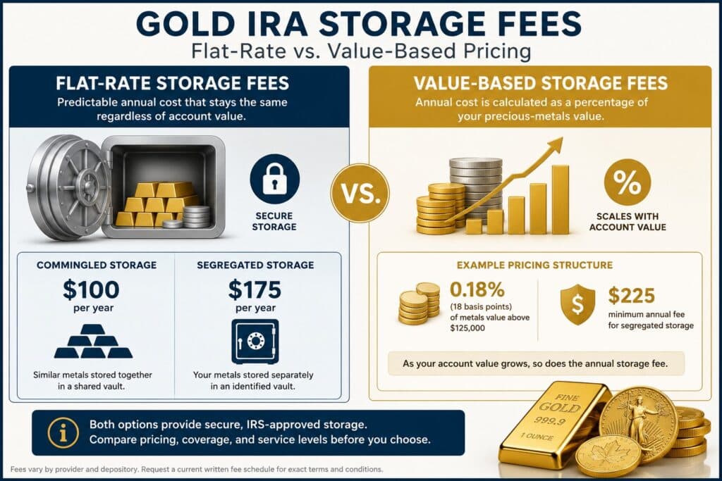 Breakdown of Gold IRA fees showing account setup, custodian administration, depository storage, transaction charges, and dealer pricing