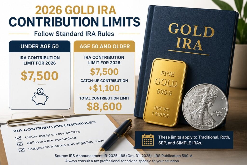 2026 Gold IRA contribution limits showing $7,500 IRA limit and $1,100 catch-up contribution
