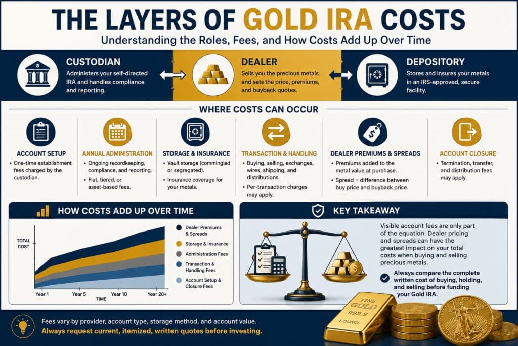 Breakdown of Gold IRA fees showing account setup, custodian administration, depository storage, transaction charges, and dealer premiums