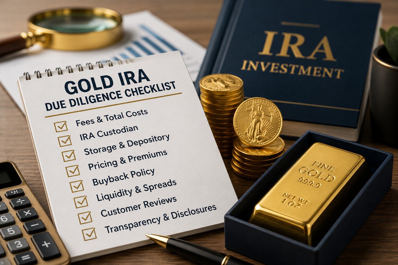 Gold IRA due diligence checklist covering fees, custodians, storage, pricing, spreads, and buyback policies