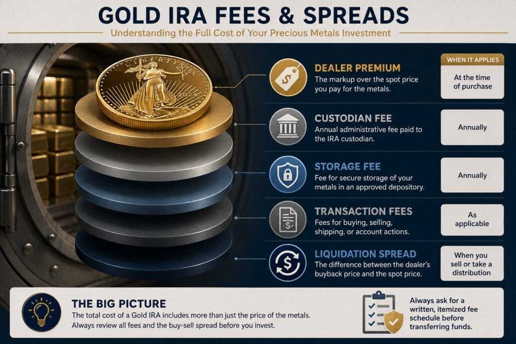 Gold IRA fees and spreads including dealer premiums, custodian fees, storage fees, transaction costs, and liquidation spreads