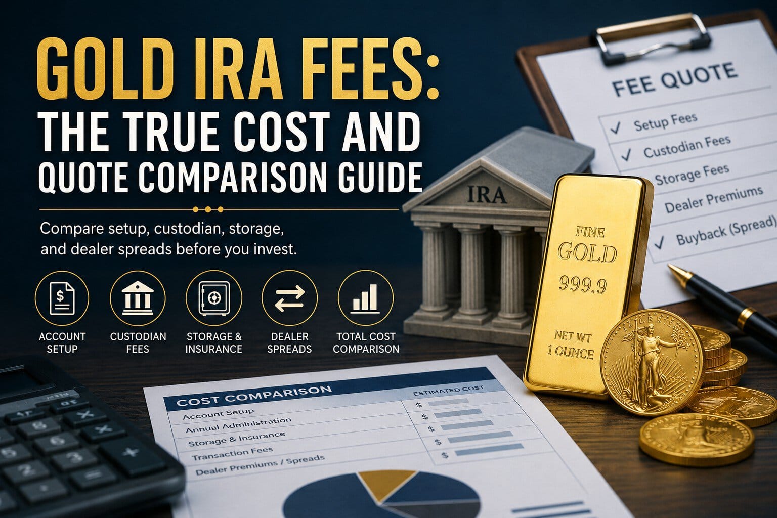 Gold IRA fees guide showing gold bars, coins, a calculator, fee documents, and secure retirement storage